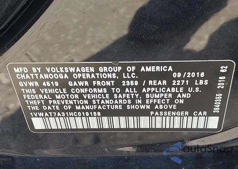 2017 Volkswagen Passat 1.8T S from USA, damaged, VIN 1VWAT7A31HC019158